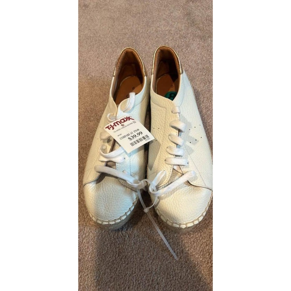 Soludos Ashlee Platform Espadrille Sneakers White Pebbled Leather Gold Heel 8